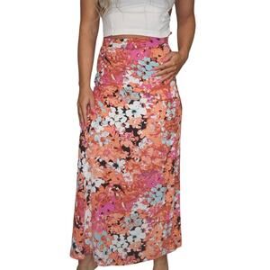 Orange Floral Maxi Skirt Womens Small Pink White A Line Dressy Boho Bohemian